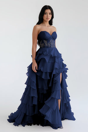 Royal Blue Chiffon Sweetheart Ruffle Tiered Long Prom Dress – Prom Dress by Kissprom | Available at KissProm