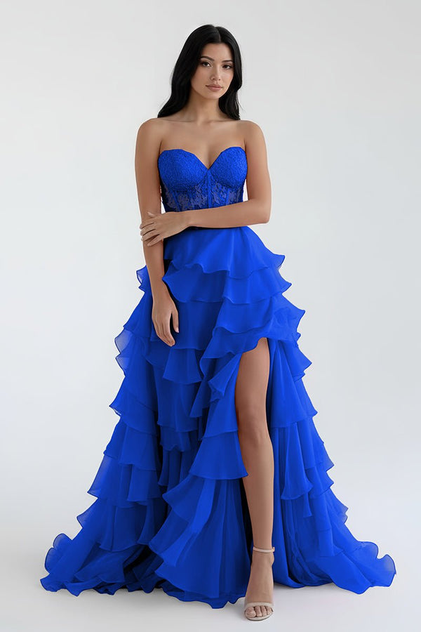 Royal Blue Chiffon Sweetheart Ruffle Tiered Long Prom Dress – Prom Dress by Kissprom | Available at KissProm