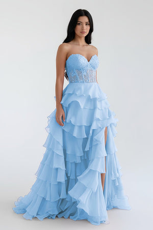 Royal Blue Chiffon Sweetheart Ruffle Tiered Long Prom Dress – Prom Dress by Kissprom | Available at KissProm