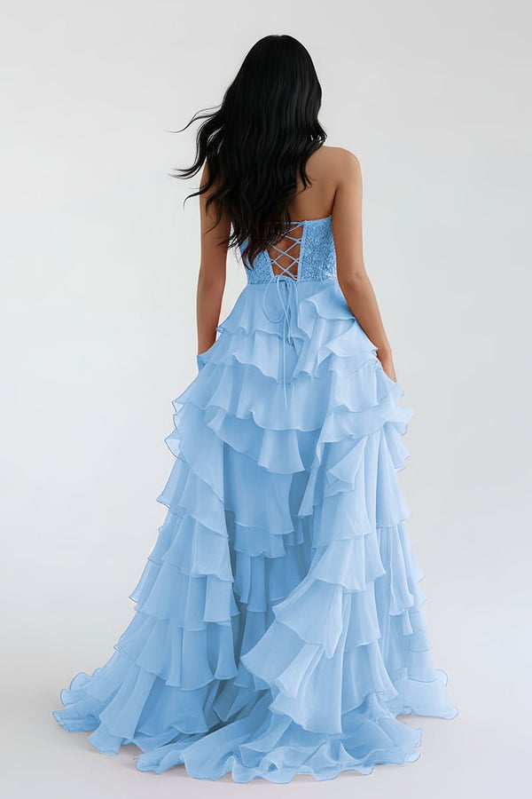 Royal Blue Chiffon Sweetheart Ruffle Tiered Long Prom Dress – Prom Dress by Kissprom | Available at KissProm