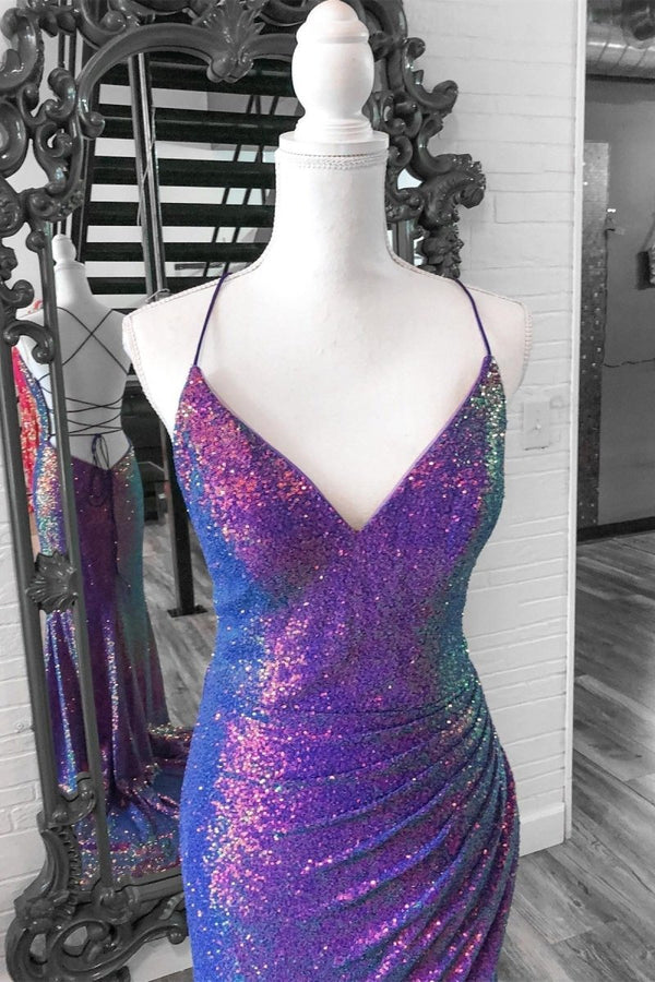 Anara | Purple Iridescent Sequins V Neck Lace - Up Mermaid Long Prom Dress with Slit - KissProm