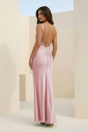 Angela | Red - Cowl Neck Sleeveless Sheath Satin Backless Long Prom Dresses - KissProm