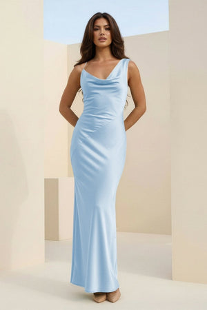 Angela | Red - Cowl Neck Sleeveless Sheath Satin Backless Long Prom Dresses - KissProm