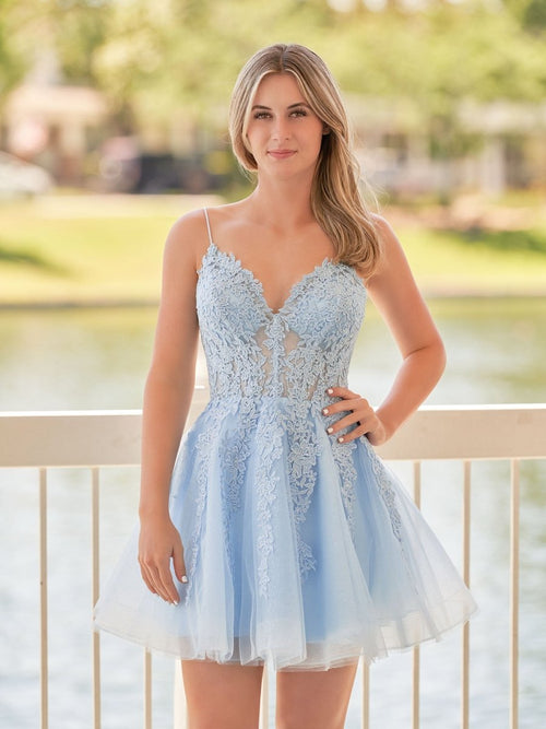 A-Line Spaghetti-Straps Sky Blue Lace Homecoming Dress With Appliques – Homecoming Dresses by KissProm | Available at KissProm