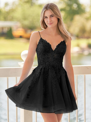 A-Line Spaghetti-Straps Sky Blue Lace Homecoming Dress With Appliques – Homecoming Dresses by KissProm | Available at KissProm