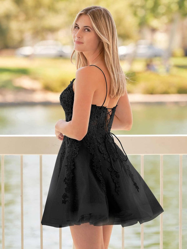 A-Line Spaghetti-Straps Sky Blue Lace Homecoming Dress With Appliques – Homecoming Dresses by KissProm | Available at KissProm