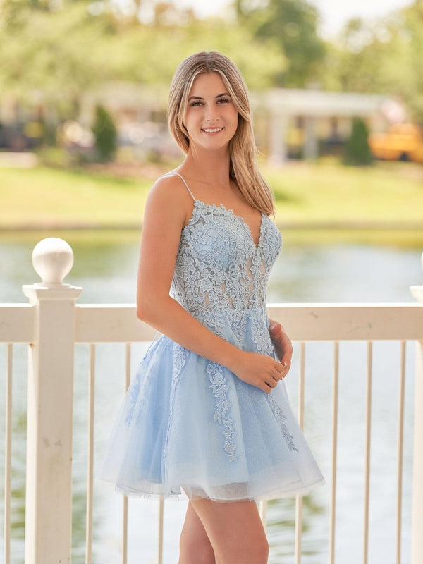 A-Line Spaghetti-Straps Sky Blue Lace Homecoming Dress With Appliques – Homecoming Dresses by KissProm | Available at KissProm