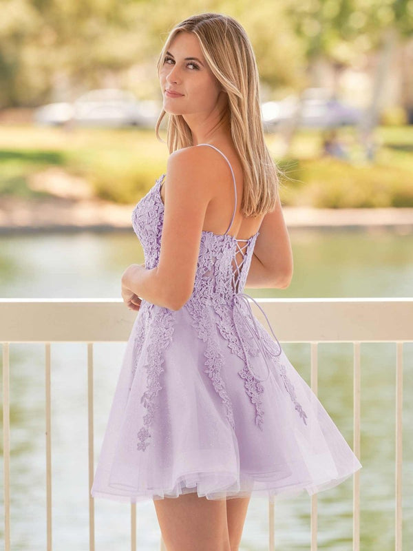 A-Line Spaghetti-Straps Sky Blue Lace Homecoming Dress With Appliques – Homecoming Dresses by KissProm | Available at KissProm