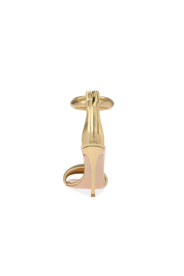 Gold Ankle Strap Leather Stiletto High Heel Sandals - KissProm
