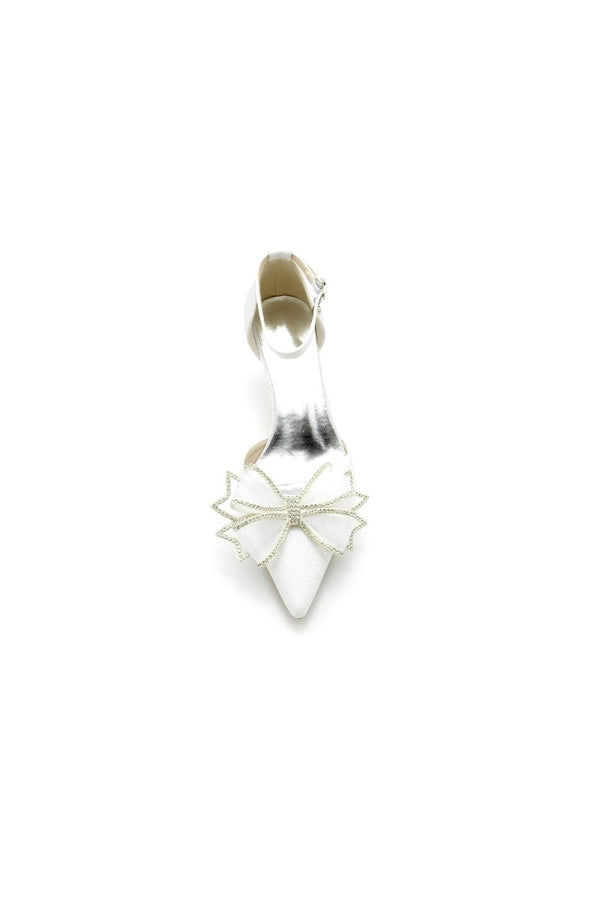 Ankle Strap Pointed Toe Glitter Crystal Wedding Shoes with Bow - KissProm