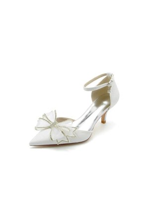 Ankle Strap Pointed Toe Glitter Crystal Wedding Shoes with Bow - KissProm