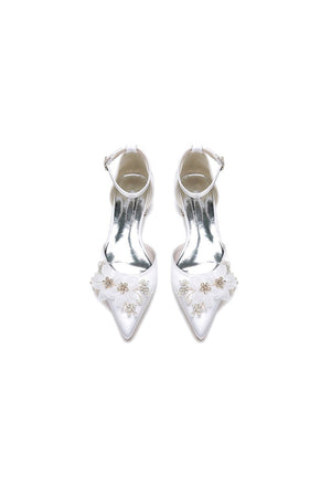 Ankle Strap Pointed Toe Low Heels with Rhinestone Flower - KissProm