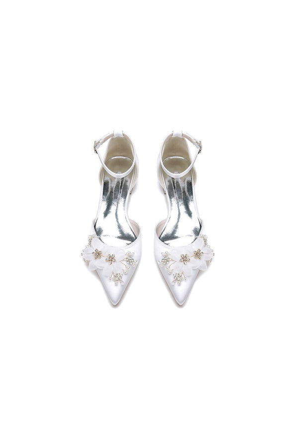 Ankle Strap Pointed Toe Low Heels with Rhinestone Flower - KissProm