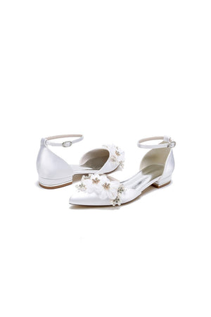 Ankle Strap Pointed Toe Low Heels with Rhinestone Flower - KissProm