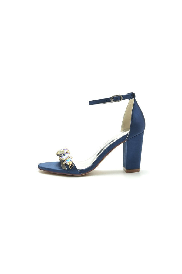 Rhinestone Ankle Strap Wedding Chunky Heels - KissProm