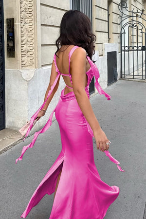 Annaira | Pink - Cowl Neck Sheath Satin Open Back Formal Prom Dresses With Ruffles - KissProm