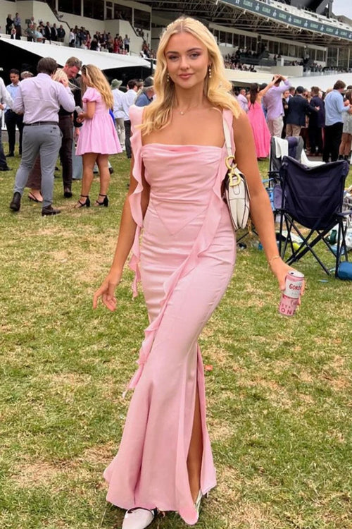 Annaira | Pink - Cowl Neck Sheath Satin Open Back Formal Prom Dresses With Ruffles - KissProm