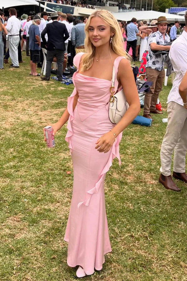 Annaira | Pink - Cowl Neck Sheath Satin Open Back Formal Prom Dresses With Ruffles - KissProm