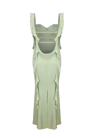 Annaira | Sage - Cowl Neck Sheath Satin Open Back Formal Prom Dresses With Ruffles - KissProm