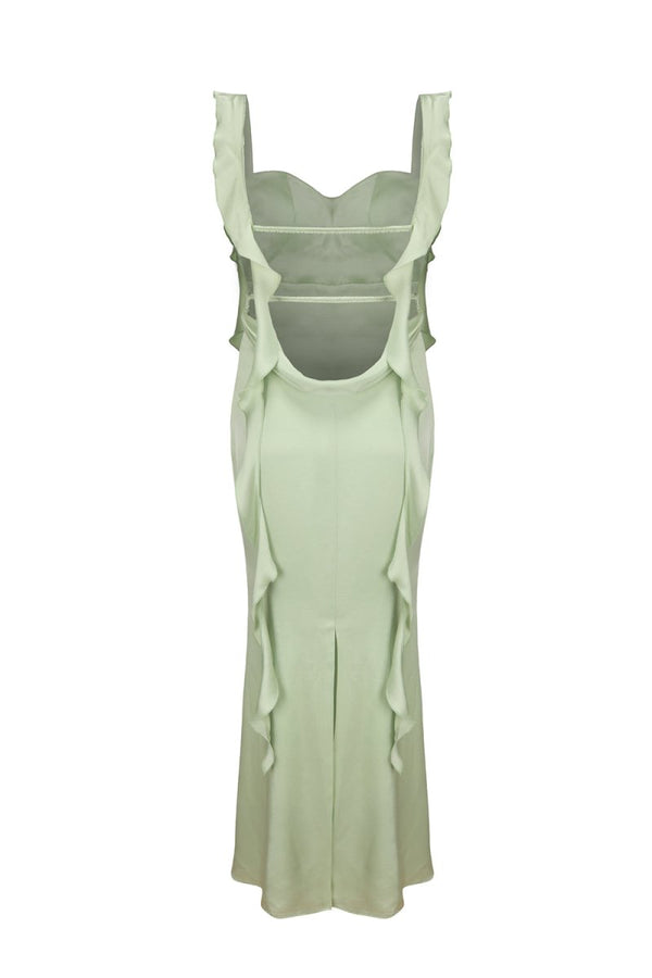 Annaira | Sage - Cowl Neck Sheath Satin Open Back Formal Prom Dresses With Ruffles - KissProm