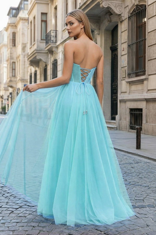 A - Line Sweetheart Beads Empire - Waist Sleeveless Prom Dress With Slit - KissProm