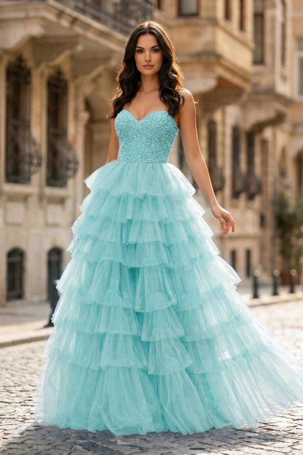 Spaghetti Straps Sweetheart Layered Tulle Formal Prom Dress with Slit - KissProm