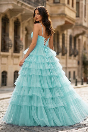 Spaghetti Straps Sweetheart Layered Tulle Formal Prom Dress with Slit - KissProm