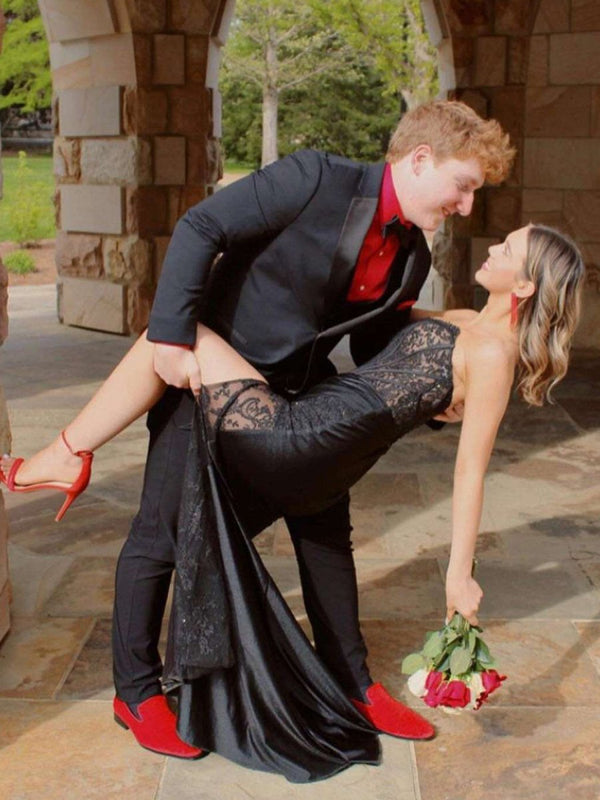 Arabelle | Mermaid Strapless Black Appliques Long Prom Dress with Slit - KissProm