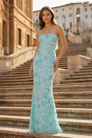 Blue Strapless Sheath Floral Sequins Long Formal Prom Dresses – Prom Dress by KissProm | Available at KissProm