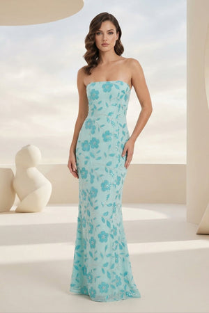 Blue Strapless Sheath Floral Sequins Long Formal Prom Dresses – Prom Dress by KissProm | Available at KissProm