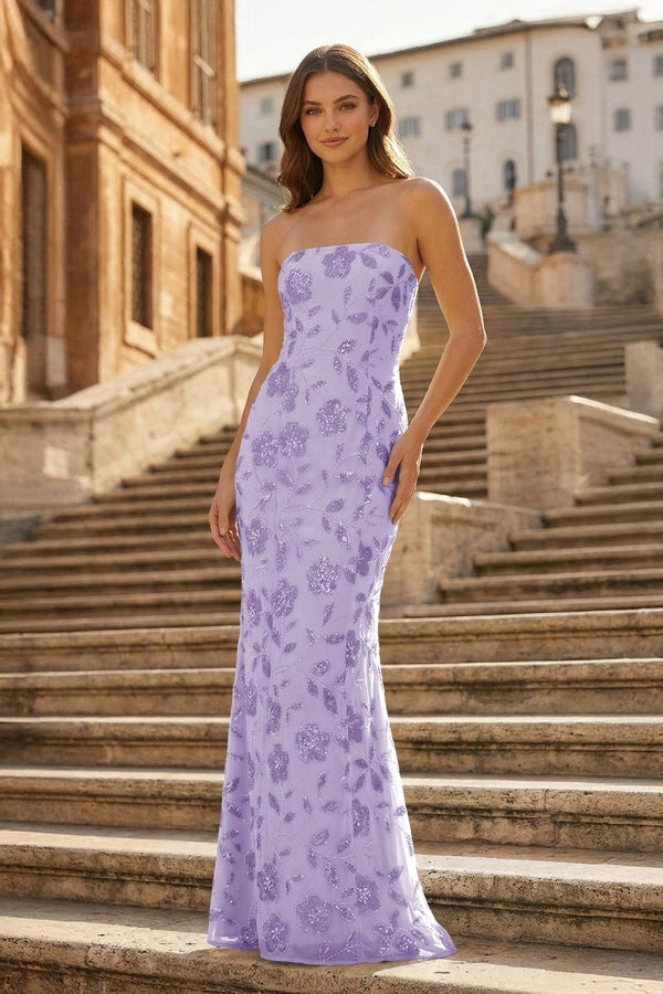 Blue Strapless Sheath Floral Sequins Long Formal Prom Dresses – Prom Dress by KissProm | Available at KissProm