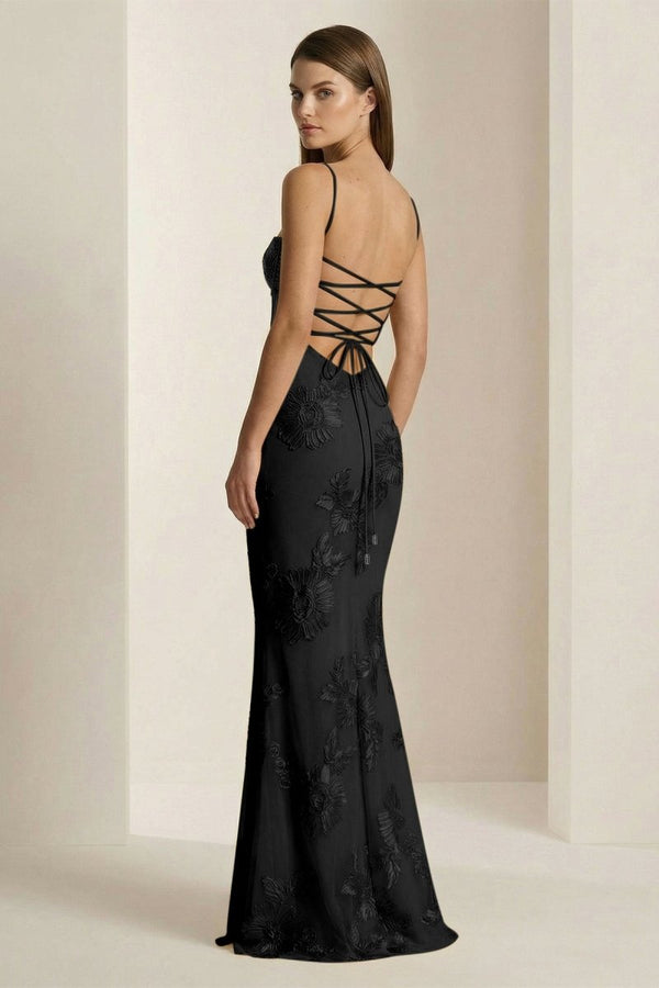 Yellow Spaghetti Straps Sheath Long Prom Dresses With Floral Embroidery – Prom Dress by KissProm | Available at KissProm