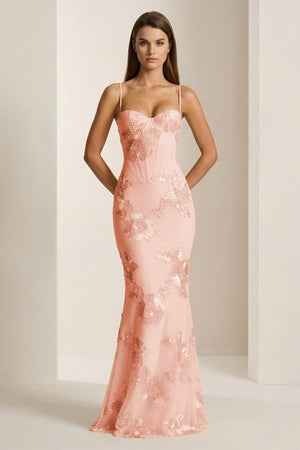 Yellow Spaghetti Straps Sheath Long Prom Dresses With Floral Embroidery – Prom Dress by KissProm | Available at KissProm