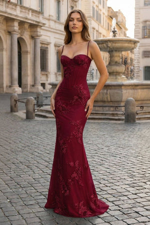 Yellow Spaghetti Straps Sheath Long Prom Dresses With Floral Embroidery – Prom Dress by KissProm | Available at KissProm
