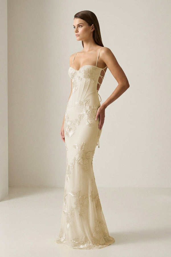 Yellow Spaghetti Straps Sheath Long Prom Dresses With Floral Embroidery – Prom Dress by KissProm | Available at KissProm
