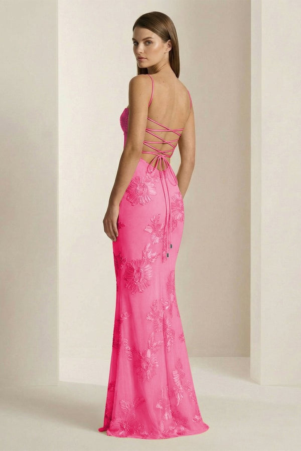 Yellow Spaghetti Straps Sheath Long Prom Dresses With Floral Embroidery – Prom Dress by KissProm | Available at KissProm