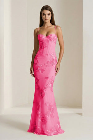 Yellow Spaghetti Straps Sheath Long Prom Dresses With Floral Embroidery – Prom Dress by KissProm | Available at KissProm