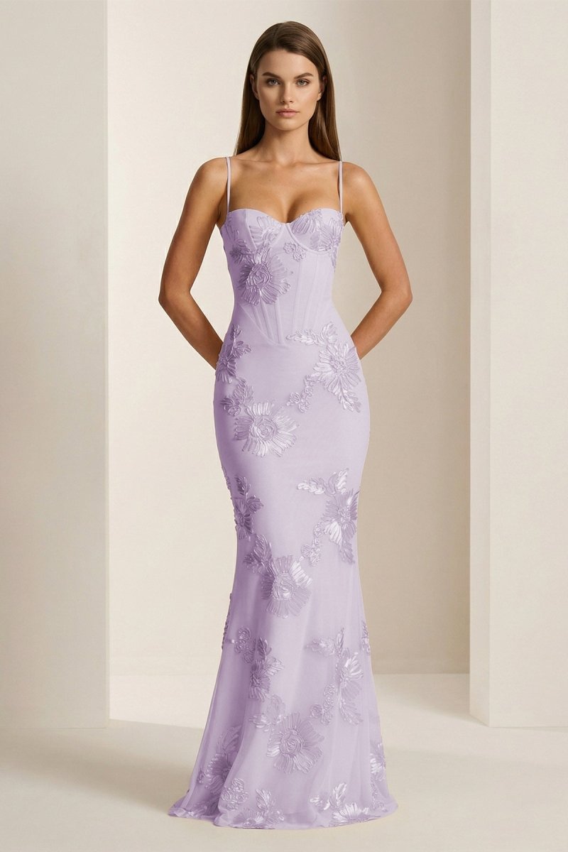 Yellow Spaghetti Straps Sheath Long Prom Dresses With Floral Embroidery – Prom Dress by KissProm | Available at KissProm