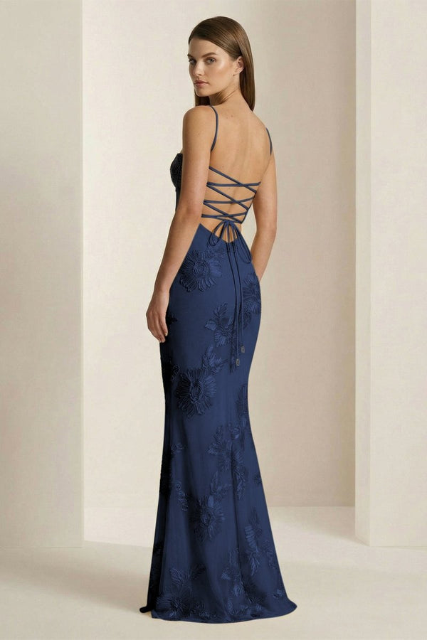 Yellow Spaghetti Straps Sheath Long Prom Dresses With Floral Embroidery – Prom Dress by KissProm | Available at KissProm