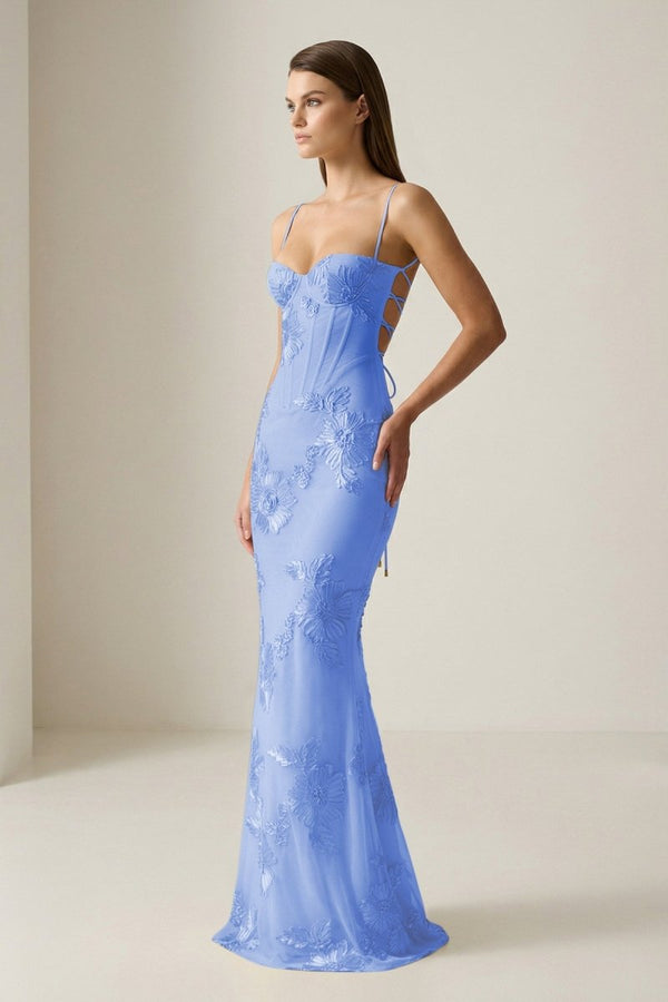 Yellow Spaghetti Straps Sheath Long Prom Dresses With Floral Embroidery – Prom Dress by KissProm | Available at KissProm