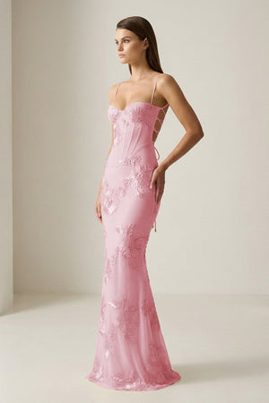 Yellow Spaghetti Straps Sheath Long Prom Dresses With Floral Embroidery – Prom Dress by KissProm | Available at KissProm