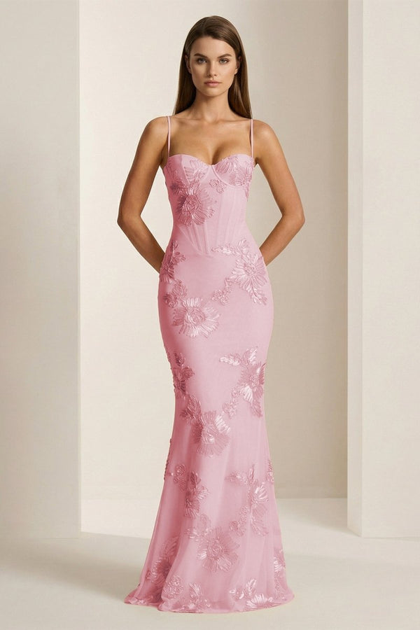 Yellow Spaghetti Straps Sheath Long Prom Dresses With Floral Embroidery – Prom Dress by KissProm | Available at KissProm