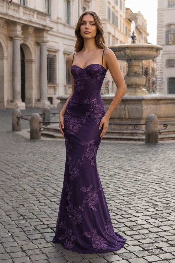 Yellow Spaghetti Straps Sheath Long Prom Dresses With Floral Embroidery – Prom Dress by KissProm | Available at KissProm