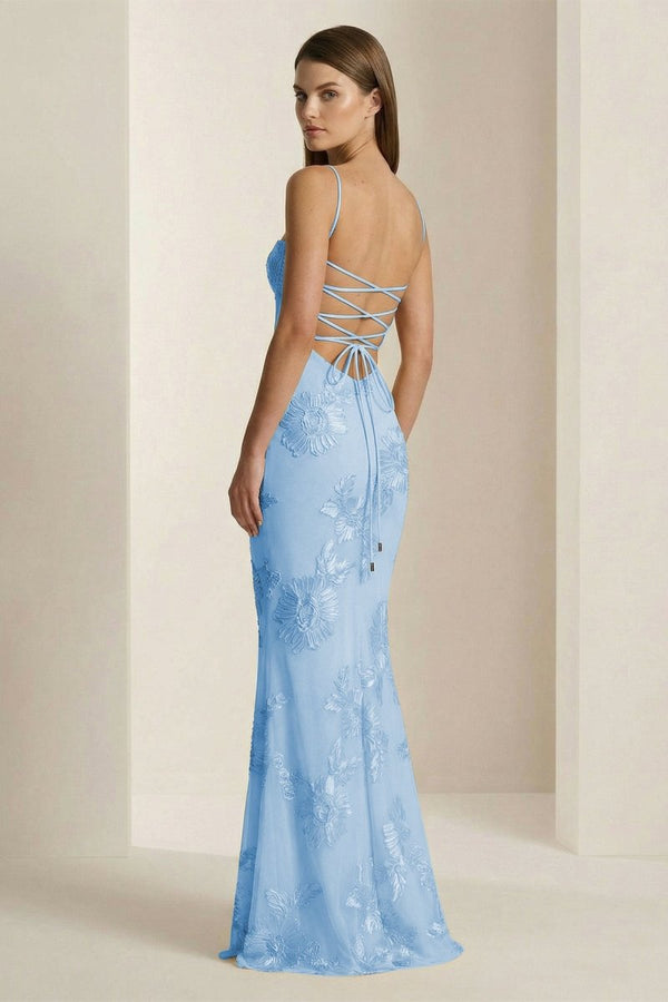 Yellow Spaghetti Straps Sheath Long Prom Dresses With Floral Embroidery – Prom Dress by KissProm | Available at KissProm