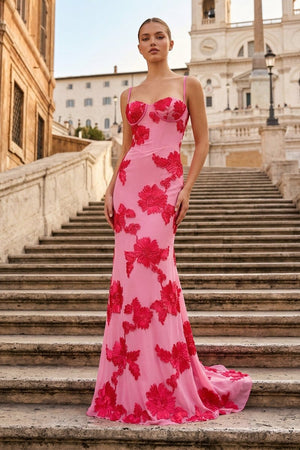 Yellow Spaghetti Straps Sheath Long Prom Dresses With Floral Embroidery - KissProm