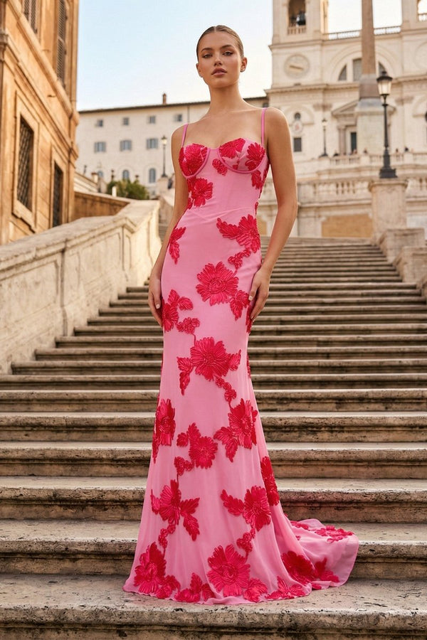 Yellow Spaghetti Straps Sheath Long Prom Dresses With Floral Embroidery - KissProm