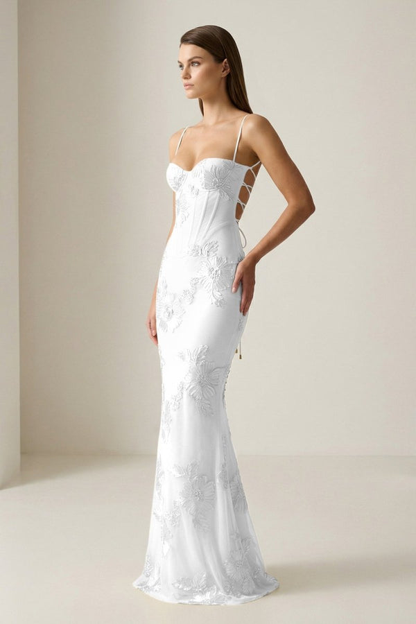 Yellow Spaghetti Straps Sheath Long Prom Dresses With Floral Embroidery – Prom Dress by KissProm | Available at KissProm