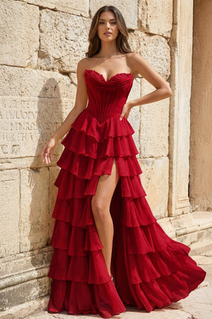 Strapless A-Line Ruffle Long Prom Dress With Split – Prom Dresses by KissProm | Available at KissProm