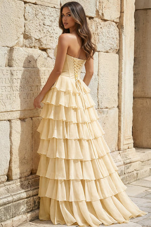 Strapless A-Line Ruffle Long Prom Dress With Split – Prom Dresses by KissProm | Available at KissProm