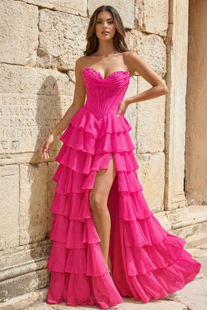 Strapless A-Line Ruffle Long Prom Dress With Split – Prom Dresses by KissProm | Available at KissProm